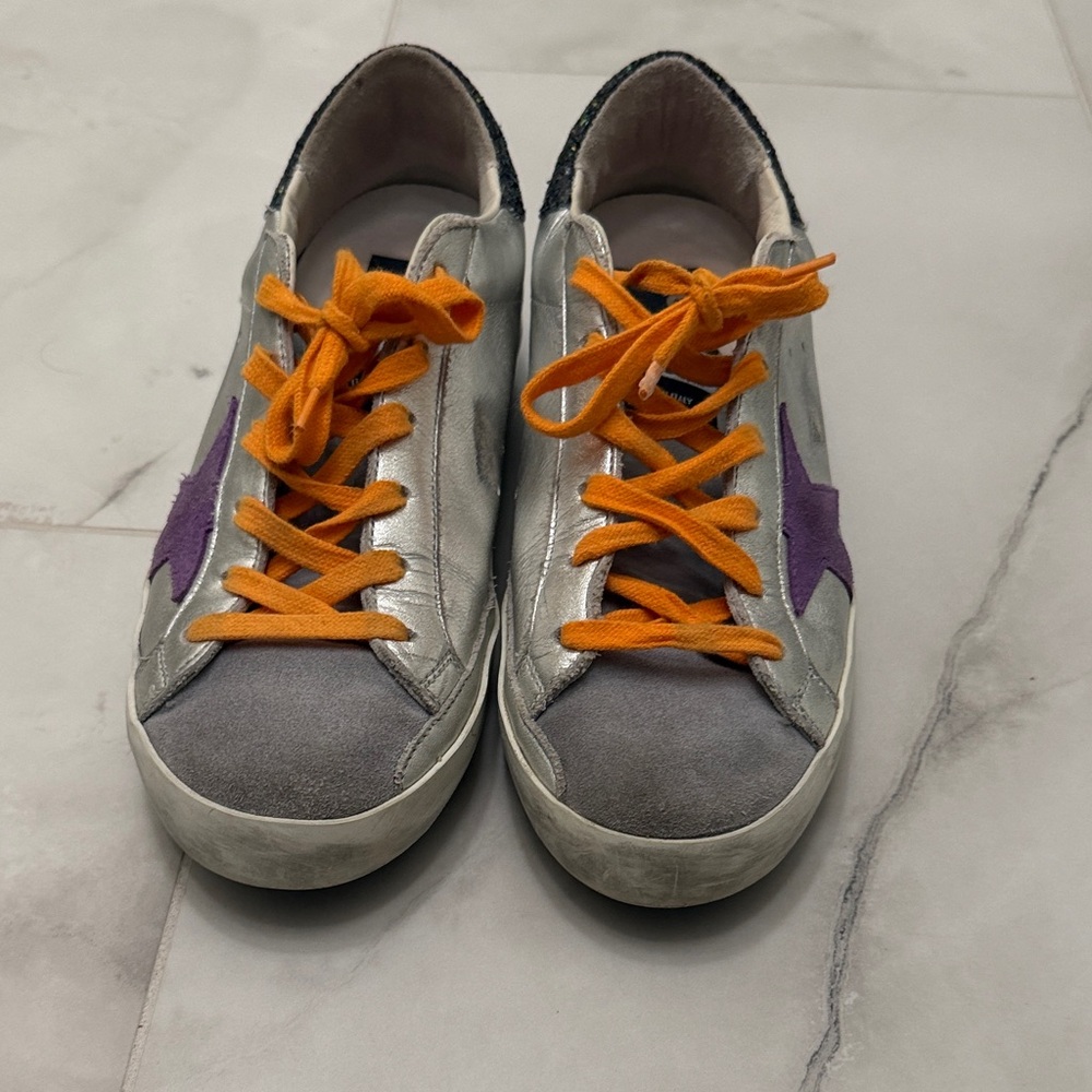 Golden Goose Silver and Purple Sneakers with Orange Laces